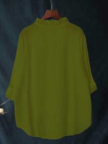 Plus Size Women Ruffle Collar Long Sleeve Regular Moss Green Casual Shirt, Suitable For Daily Office Wear - Moss Green - View 2