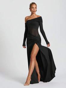 Elegant Sexy Asymmetric Neck Mesh Party Long Sleeve Dress, Halloween Party Super Long Dress, Christmas Party Formal Gown