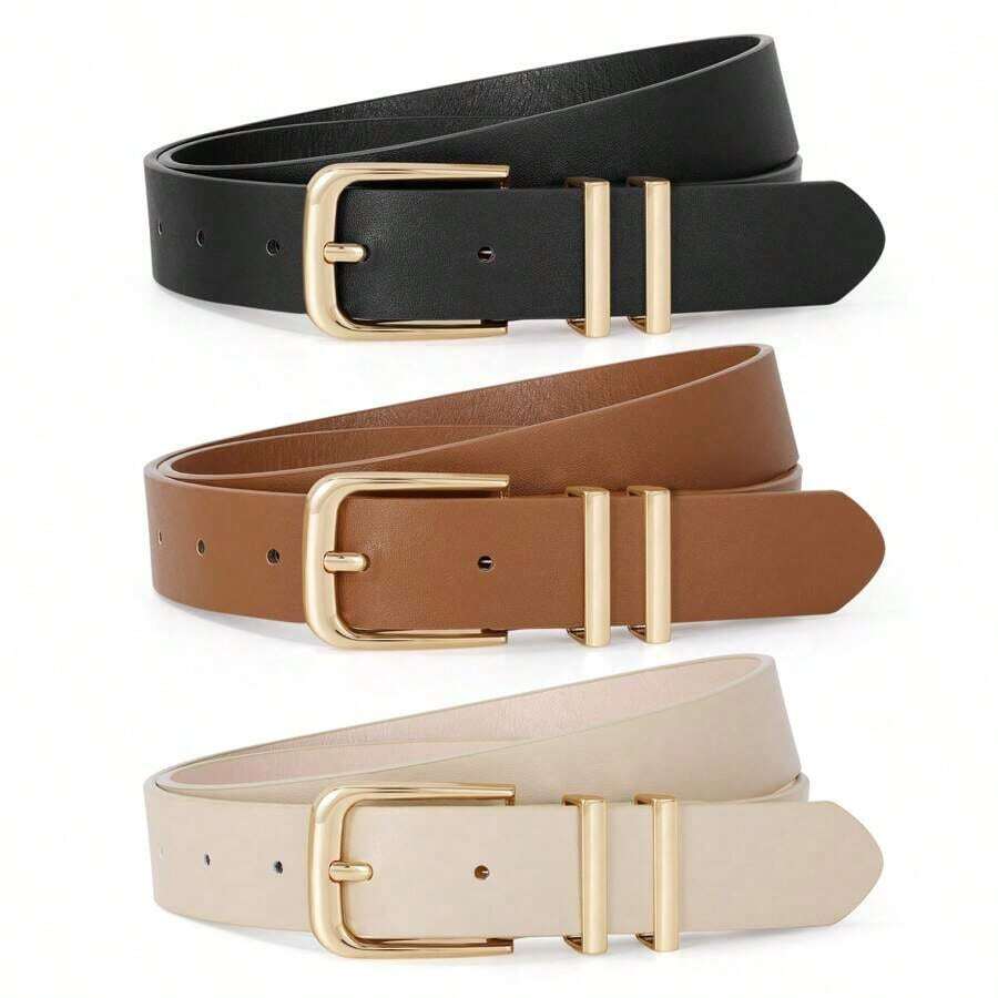 3pcs Set Solid Color Casual PU Leather Women's Belts, Spring & Autumn Summer, School Fall, Autumn, Halloween.