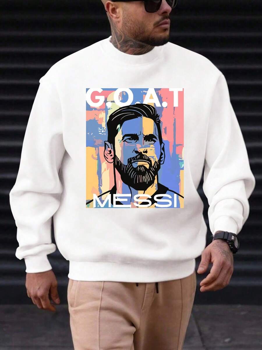 Men's GOAT MESSI Graphic Sweatshirt - Casual Royal Blue Polyester Pullover With Vibrant Abstract Art Design, Round Neck, Machine Washable - màu đen - Xem 1