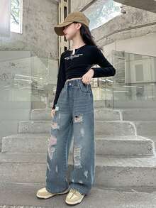 Girls' Holey Jeans, Girls' Wide Leg Pants Perfect For Spring And Autumn, Kids' Straight Pants - Blue - View 9