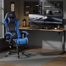 HLDIRECT Gaming Chair With Pocket Spring Cushion, Video Game Chair, Gaming Computer Chair, Ergonomic Chairs For Adults With Headrest And Lumbar Support, Swivel PU Leather Office Chair, Black & Blue - 黑藍色 - 查看 2