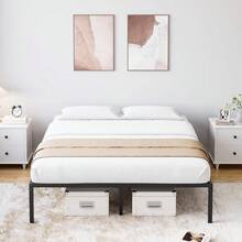 Marco de cama de 14 pulgadas - Plataforma de metal resistente tamaño completo, soporte de listones de acero resistente, fácil de ensamblar, silencioso, con espacio de almacenamiento, no necesita somier, color negro - Negro - Ver 4