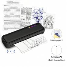 紧凑型便携式 A4 热敏打印机，无需墨水或碳粉，可打印文档、图像、纹身，支持热敏纸或纹身纸，兼容移动应用程序、平板电脑应用程序和计算机（需要驱动程序），包装包括：1 台热敏打印机 + 1 卷热敏纸（机器内部）+ 5 张转印纸 + 用户手册 + Type-C 电缆