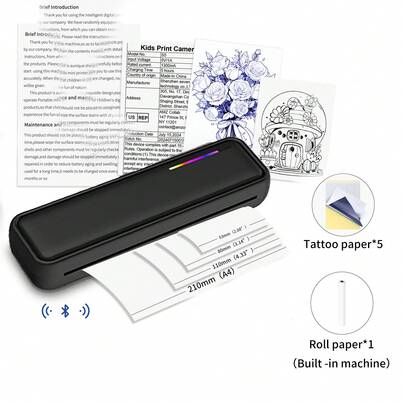 Compact Portable A4 Thermal Printer, No Ink Or Toner Needed, Prints Documents, Images, Tattoos, Supports Thermal Paper Or Tattoo Paper, Compatible With Mobile App, Tablet App, And Computer (Driver Required), Package Includes: 1 Thermal Printer + 1 Roll Of Thermal Paper (Inside The Machine) + 5 Transfer Papers + User Manual + Type-C Cable