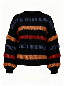 2025秋冬新款女装休闲复古撞色宽松喇叭袖针织衫基础款上衣，适合返校、圣诞节、约会、韩版、秋季、保守女性、派对女性、Y2K女性、外出上衣、音乐会女性、约会女性、休闲、新年、女装冬季、沙特国庆日、时尚、乡村风格等场合。 - 黑色 - 查看 6