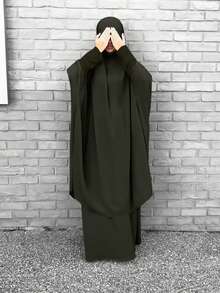 女士优雅两件套：阿拉伯长袍和裙子（春季款） - 軍綠色 - 查看 5