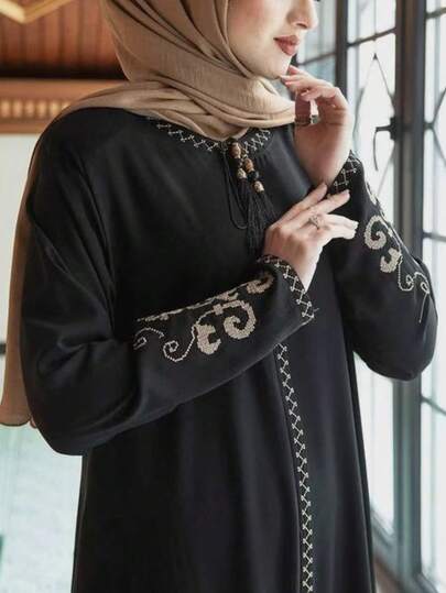 Elegant Black Long Sleeve Robe, Round Neck, Embroidered, Zip-Up Fringe Cardigan, Women's Long Woven Fabric Jalabiya, Kaftan, Abaya
