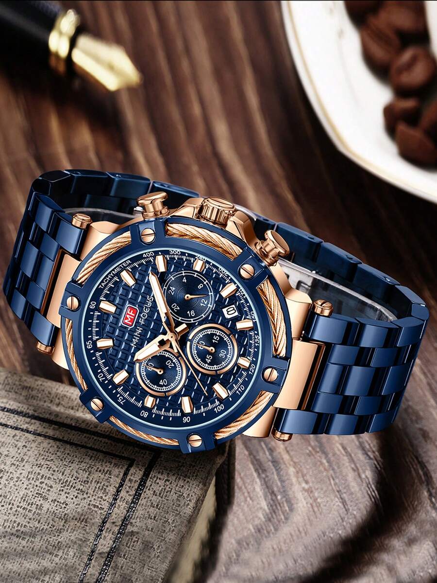 MINIFOCUS 1 件运动多功能男士手表顶级品牌奢华小表盘时尚商务石英表男士不锈钢表带休闲腕表礼品盒