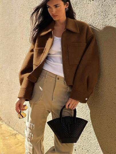 Women's Autumn Jacket, New One-Piece Zipper Wool Blend Casual Jacket Suitable For Commuting And Afternoon Tea