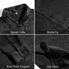 Mens Satin Dress Shirts Long Sleeve Silk Shirt Shiny Luxury Button Up Floral Shirt Party Prom Wedding Shirtshalloween - 黑色 - 查看 11