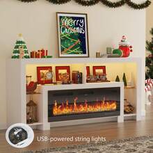 82" Modern High Gloss Fireplace TV Stand With 50" Fireplace, Entertainment Center With Electronic Flame And USB Powered LED Lights, TV Console Cabinet - 美規B型插(110-127V) - 查看 9
