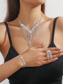 4pcs Elegant Geometric Tassel Rhinestone Jewelry Set Including Necklace, Earrings, Bracelet, Suitable For Women's Daily, Gifts, Weddings, Parties, Versatile And High-End