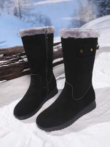 Botas de nieve hasta la pantorrilla para mujer, forro de felpa grueso, tacón de cuña, material cálido y suave, cremallera lateral, punta redonda, botas versátiles para exteriores (corre un tamaño talla grande pequeño)