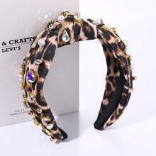 Pearl Knotted Headband For Women White Pearl Rhinestone Crystal Jeweled Embellished Hairband Fashion Elegant Ladies Wide Top Knot Bride Boho Head Band Headpieces Bachelorette Party Hair Accessories - 豹紋結髮帶 - 查看 4