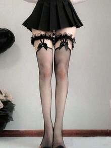 2 Pairs Lace Top Fishnet Stockings Bow Suspenders Thigh High Stockings Mesh Hold Up Stockings For Women, Y2K - 彩色 - 查看 2