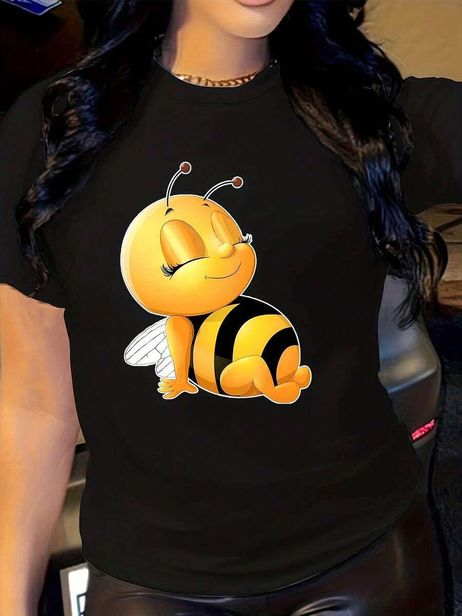 Women's Cute Bee Print T-Shirt - Soft Stretch Round Neck Short Sleeve Top With Smiling Bee & Honeycomb Design, Casual Casual Attire, All-Season Comfort, Machine Washable, Bee-Themed Outfits (Grey With Yellow Bee & Black Stripes) - Playful Cartoon Bee Graphic, Relaxed Fit, Vibrant Yellow & Black Stripes, Cheerful Casual Style, Breathable Fabric For Women's Fashion - 黑色 - 查看 1