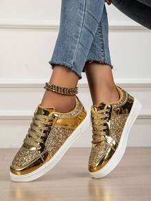 Tênis Casuais Femininos, Sapatos Sociais Brilhantes de Moda, Sapatos Plataforma Cadarço Plano, Cor Dourada Brilhante a Laser