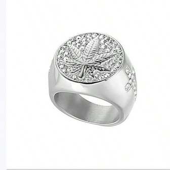 Hip Hop Maple Leaf Rhinestone Men's Ring - Hip Hop Style Alloy Single Ring With Rhinestone Mosaic, Non-Plated Fashion Jewelry Statement Piece - For Men - Suitable For Parties & Everyday Wear - Perfect Gift For Fashion Lovers