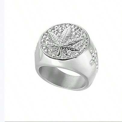 Hip Hop Maple Leaf Rhinestone Men's Ring - Hip Hop Style Alloy Single Ring With Rhinestone Mosaic, Non-Plated Fashion Jewelry Statement Piece - For Men - Suitable For Parties & Everyday Wear - Perfect Gift For Fashion Lovers