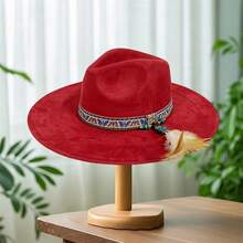 Suede Panama Hat With Feathers Vintage Wide Brim Fedora Hats Elegant Jazz Cap For Adult Party Stage