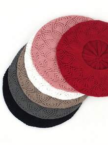 قبعة بيريه محبوكة بلون أحادي للنساء للاستخدام اليومي العادي، عصرية ومتعددة الاستخدامات، قطعتان/قطعة واحدة - متعدد الألوان - مشاهدة 6