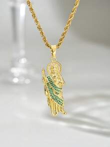 1pc Men's 18K Gold Plated Stainless Steel Twisted Rope Chain Necklace + 18K Gold Plated Religious Figurine Pendant With Cubic Zirconia, Unisex Christian Saint Jude Patron Saint Amulet Necklace, European Religious Style - Twisted Chain + St. Jude Pendant - View 8