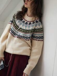 Alicedudu 女士秋冬舒适费尔岛图案圆领套头针织毛衣 - 彩色 - 查看 3