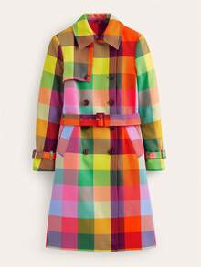 Valentine's Day, Date Night Outfit, Gifts For Her Magic Mia Plaid Double Breasted Trench Coat, Rainbow Colors, Women's Coat Fall-Winter 2024, Pockets, Chic And Stylish Style For Weekend Casual, Loose Fit - Multicolor - View 6