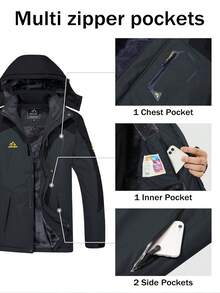 Cavva 男士冬季保暖内衬夹克 防水防风 多口袋滑雪外套 徒步露营登山滑雪 - 深灰色 - 查看 4