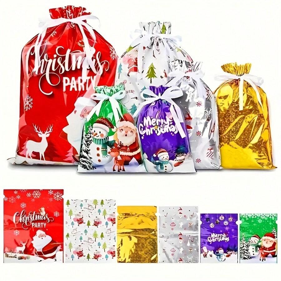 2PCS/Set Christmas Gift Packaging Bags With Drawstring Closure Festive Santa Reindeer Snowflake Tree Designs Multiple Styles Of Gift Packaging Bags Durable Plastic Holiday Treat Bags For Xmas Decorations Candy & Presents