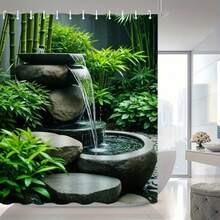1Pc 2D Flat Elegant Garden Fountain Shower Curtain ,  Waterfall & Bamboo Design, Durable Polyester, Machine Washable Bathroom Decor With Hooks, Artistic Home Accent,  Bathroom Theme, Easy Maintenance Fabric - 顏色1 - 查看 3