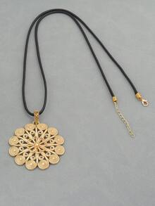 1 PC Fashionable Sunflower Patterned Boho Matte Gold Color Pendant On Long Adjustable Wax Cord Chain Necklace Suitable For Ladies Daily Wear, Couple Jewellery Chic Gift