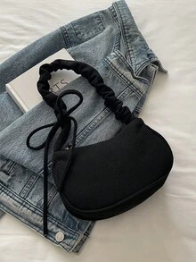 1 件黑色灯芯绒面料顺滑拉链抽绳肩带设计蝴蝶结刺绣时尚百搭休闲纯色简约新款秋冬独特单肩包，适合女性日常使用 - 黑色 - 查看 5