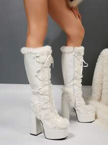 FVPFVP Botas de nieve inspiradas en la cultura Y2K del milenio, botas altas con cordones de cuero de PU y piel, tacón grueso, suela gruesa y estilo gótico