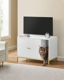 Meuble Litière pour Chat , Maison de Toilette pour Chat, avec Tapis de Grattage, Pieds Hauts, Table d'Appoint, 90 x 48 x 61,5 cm, Blanc et Doré - Blanc - Voir 1
