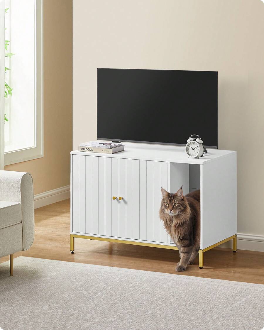 Meuble Litière pour Chat , Maison de Toilette pour Chat, avec Tapis de Grattage, Pieds Hauts, Table d'Appoint, 90 x 48 x 61,5 cm, Blanc et Doré - Blanc - Voir 1