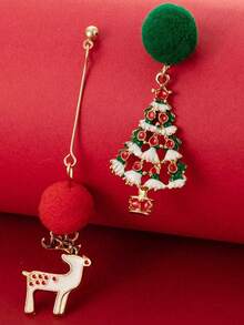 1 pereche de cercei asimetrici din aliaj de zinc glazurat cu ren și brad de Crăciun, roșii și verzi, potriviți pentru femei, pentru a fi purtați în timpul Crăciunului