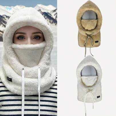 Hood With Plush Fur, Warm Ear Protection, Neck Scarf, One-Piece Hat For Women, Winter And Autumn, Thick, Skiing, Riding, Face Mask, Windproof, Hooded Cap.
