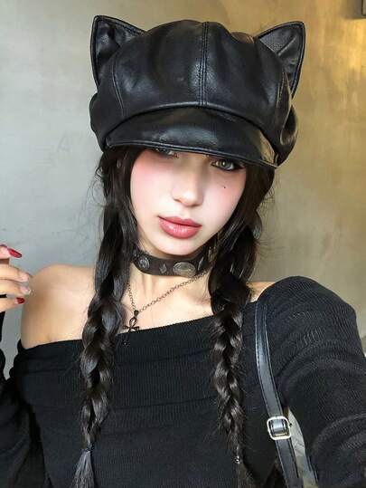 1 pezzo Berretto da donna a forma di orecchie di gatto in colore unito in PU, stile casual retrò da strada, versatile per uso all'aperto, sci, ciclismo, viaggi, feste, uso quotidiano, autunno/inverno