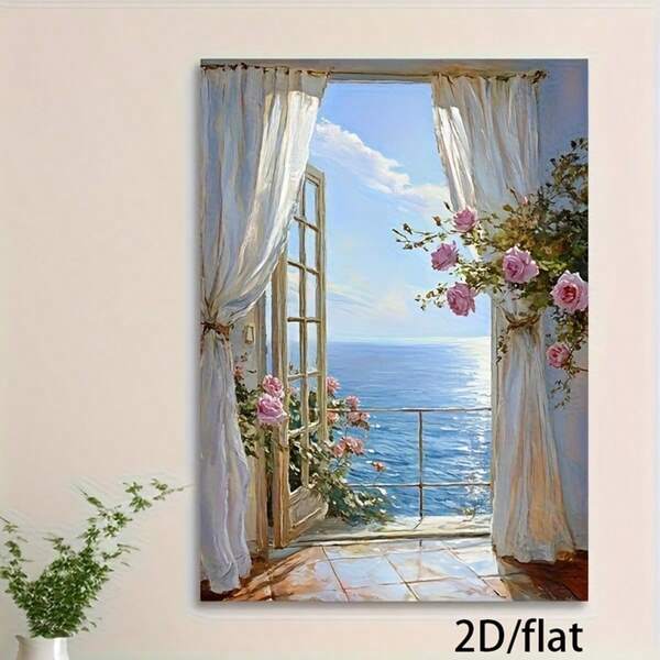 1 pezzo Quadro da parete con stampa di paesaggio marino confortevole - Paesaggio marino romantico con rose rosa e acque blu, decorazione da parete senza cornice, adatto per la decorazione della casa, regalo per gli appassionati di arte costiera, decorazione a tema spiaggia