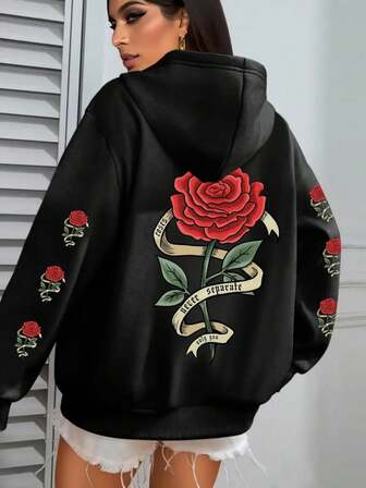 Fashionable 3D Floral Print Loose Drawstring Hoodie Sweatshirt, Romantic Vibe, Versatile Casual College Style For Women