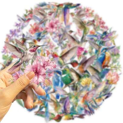 50Pcs Transparent PET Floral Hummingbird Stickers Bird Stickers Aesthetic Stickers Bird Decor Colored Stickers Floral Decor Vinyl Waterproof Stickers For Journaling Computer Scrapbook Luggage Water Bottle Phone