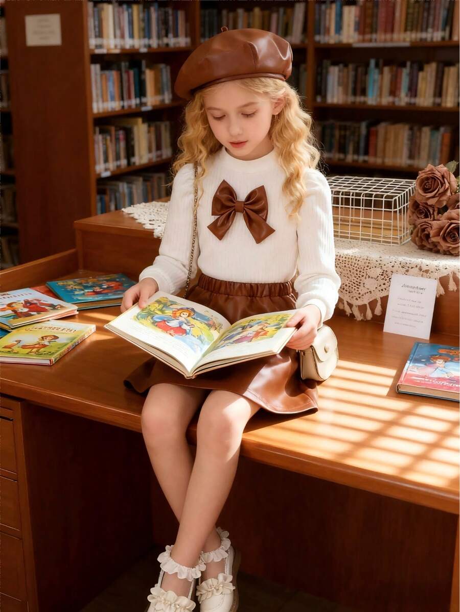 女童长袖罗纹高领毛衣 + PU 皮革迷你裙 + 帽子三件套，适合休闲外出、节日、派对、秋季/春季 - 白色 - 查看 1