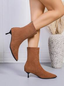 经典女士短靴，尖头，后拉链，优雅绒面高跟靴，适合派对和聚会，复古棕米色百搭女士短靴，绒面材质，秋冬 - 棕色 - 查看 1