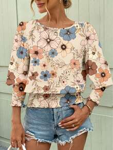 Women's Casual Vacation Style Floral Print Lantern Sleeve Shirred Wide Hem Top, Spring/Autumn