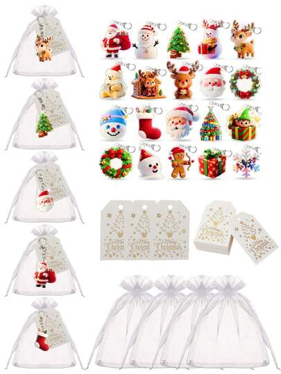 120/60/30/15-Piece Christmas Keychain Set, With Christmas Tree/Elk/Wreath/Santa Claus/Gingerbread Man Designs, Acrylic Material, Bag Pendant, Holiday Party Gift Set, Desktop Decoration, Souvenir Set, Suitable For Christmas Gifts, Holiday Decorations, And Gifts For Friends And Family