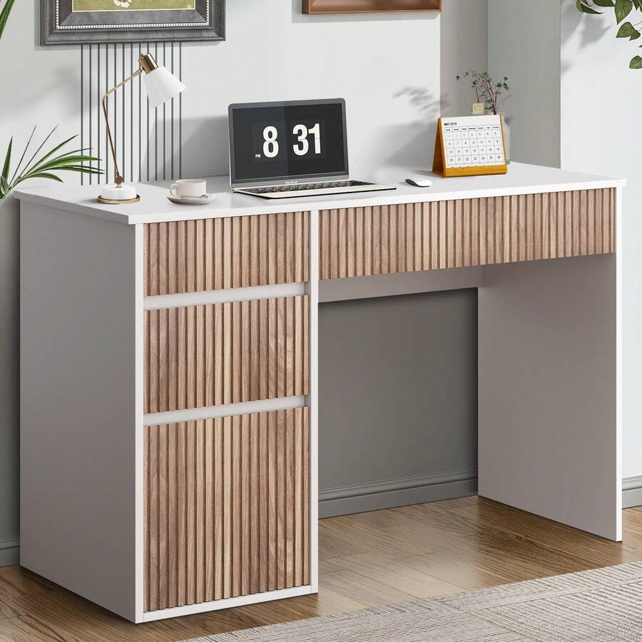 48 Inch Computer Desk With Drawers, Modern Home Office Desk With File Cabinet, Wooden Study Desk With Hidden Handle For Bedroom Or Living Room, White/ Black/ Grey - 白色 - 查看 1