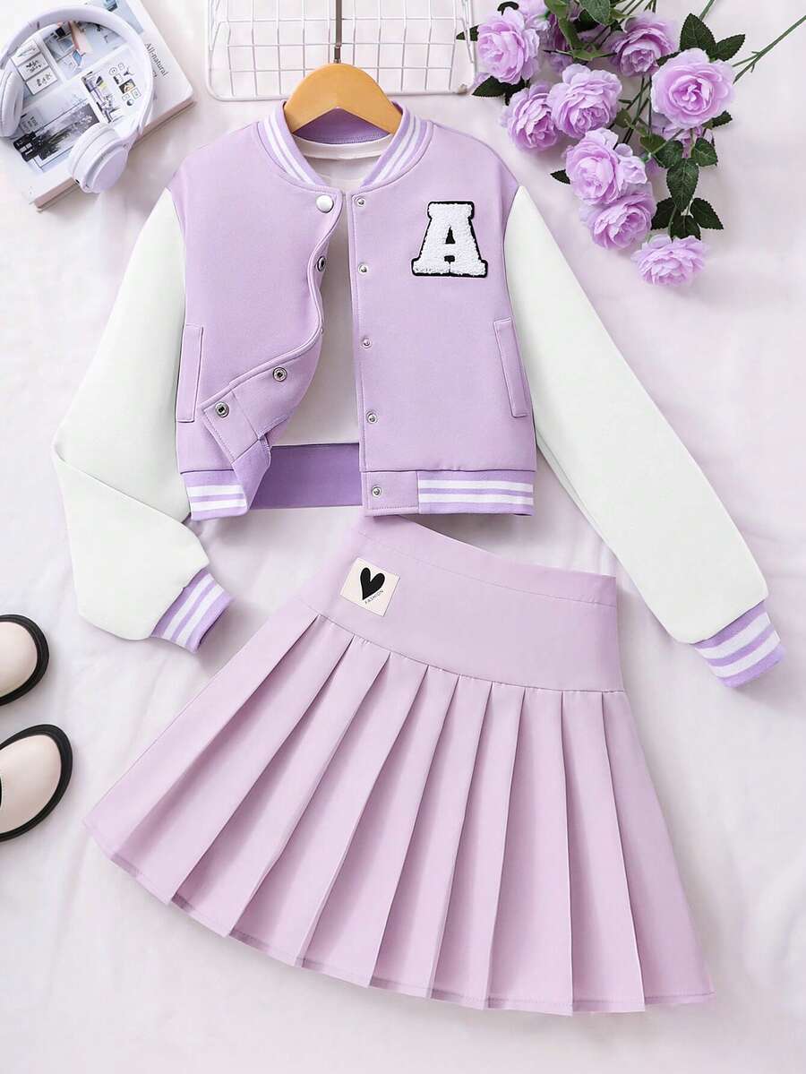 Tween Girl Letter Graphic Contrast Color Sporty Campus Style Baseball Jacket And Pleated Mini Skirt Casual Set - Purple - View 1