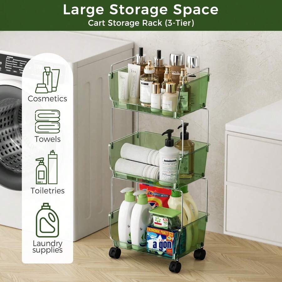 3- Tier Metal Rolling Cart For Kitchen, Bathroom, Office – Plastic Utility Storage Carts With Wheels – Ideal For Small Spaces, Pantry, Classroom, Workshop Organization And Storage, Green - phong cách - Xem 1